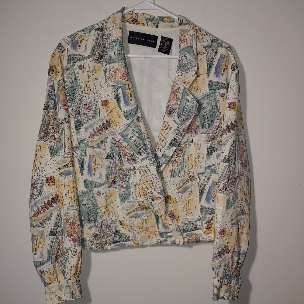 August Silk Vintage 80s Double Breasted Silk Brown Bomber Look Jacket Size M